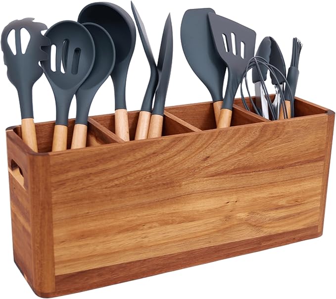 Acacia Wood Utensil Holder: Extra Large Utensil Organizer - 4 Compartment Kitchen Utensil Organizer for Countertop Or Wall
