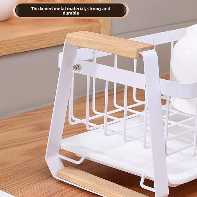 Dish Rack, Over Sink Metal and Wood Dish Drainer with Detachable Drip Tray and Utensil Holder, Space Saving Kitchen Organizer for Countertop (White)