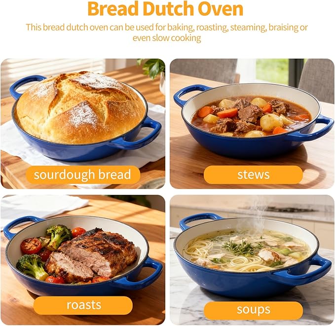 ONKO Dutch Oven For Sourdough Bread Baking, 6QT Enameled Cast Iron Dutch Oven Pot With Lid, Non-stick Sourdough Baking Pan with Bread Dome, Round Ceramic Dutch Ovens Pot with Cloche for Homemade