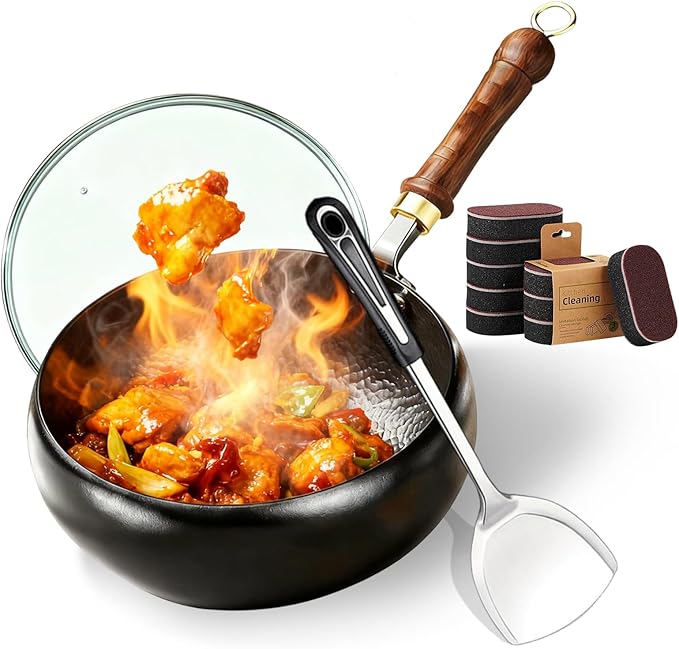 Uncoated Thick Iron Pot, Japanese Iron Pots for Cooking, Uncoating Cast Iron Pot, Hand Forged Iron Pan with Lid Stir Fry Wok Skillet, High Purity Frying Pans for Home Kitchen (Glass Lid, 9.5in)