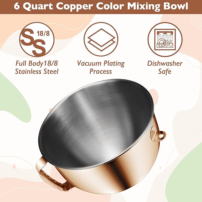 Copper Color Stainless Steel 6 Quart Mixing Bowl for Kitchen Aid Professional Bowl Lift Stand Mixer, Heavy Duty Extra Mixer Bowl fits KP26, KB26, Dishwasher Safe, Ergonomic Handle