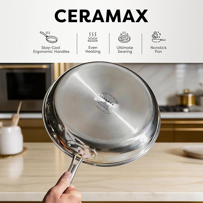 Gotham Steel Hybrid 3pc Frying Pan Set, Stainless Steel Ceramic Nonstick, 8 10 12 inch, Induction Ready, PFAS/PFOA Free, Oven & Dishwasher Safe - Black