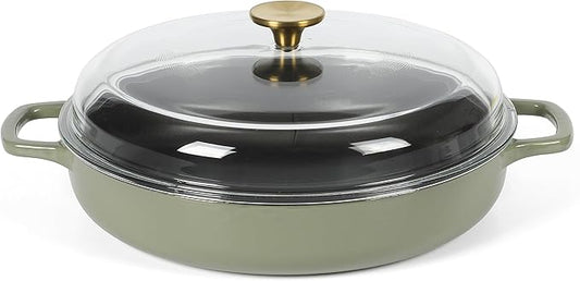 Sur La Table Kitchen Essentials Supper Club 3.75 Quart Enamel Cast Iron All In One Multi-Purpose Non-Toxic Nonstick Braiser Pan W/Borosilicate Glass Lid - Juniper Green
