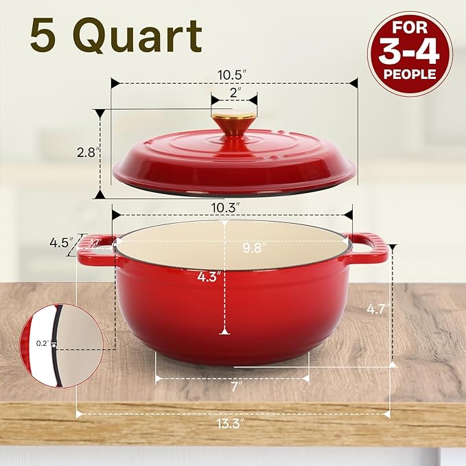 ROVSUN 5 Quart Enameled Cast Iron Dutch Oven with Lid, Dual Handles, Oven Safe up to 500°F or on Stovetop, Compatible for Braising, Stews, Roasting, Bread Baking-Red