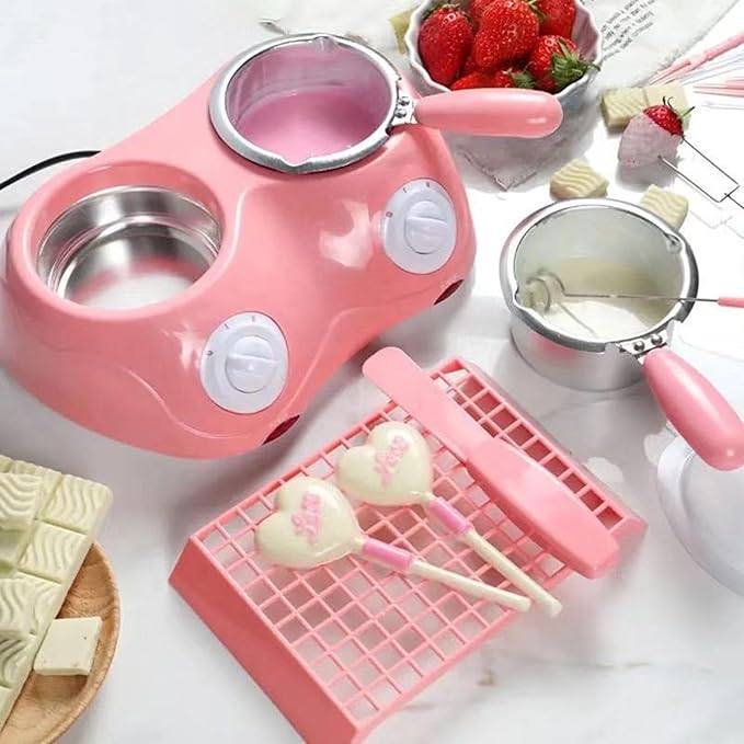 Chocolate Melting Pot with Dual Bowls, 2-Speed Temperature Fondue Maker, Chocolate Melter DIY Moulds for Cheese, Butter, 8.45oz Fondue Warmer Machine for Candy, Desserts, Home Parties Baking (Pink)