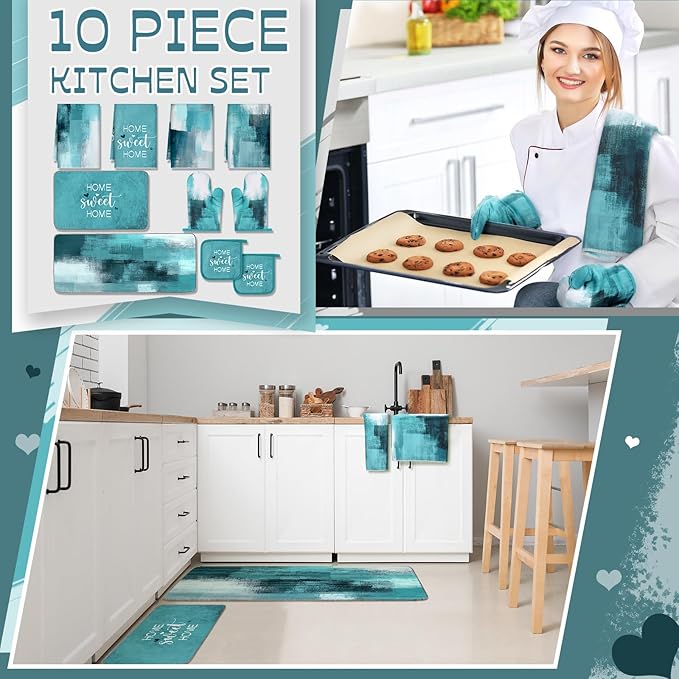 10 Pcs Teal Turquoise Oven Mitts and Pot Holders Kitchen Decor and Accessories Set Turquoise Kitchen Towels Modern Boho Oven Gloves for Home Decorations Cooking Baking Housewarming Gifts