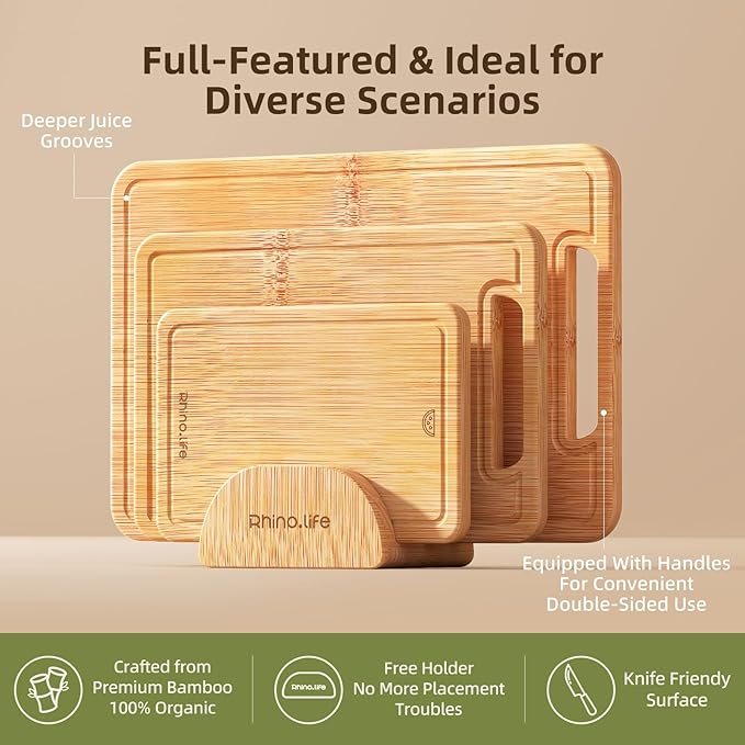 Bamboo Wood Cutting Board 4-Piece Set, Dishwasher Safe, Organic Bamboo, No Glue & Non-Toxic & Healthy, with Juice Groove, Lightweight & Durable, Plastic-Free Kitchen Chopping Board for Meat