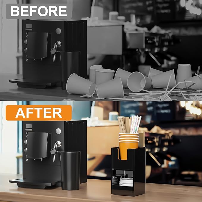 Beego 2-Compartment Cup Holder for Countertop - 2-Tier Black Acrylic Cup Dispenser Coffee Station Paper Cup and Lid Organizer Condiment Storage for Restaurant Breakroom Kitchen Bar Accessories
