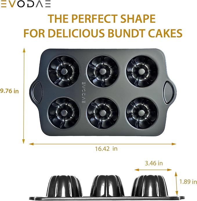 EVODAE® Mini Bundt Cake Pans for Baking – Set of 2 – 6 Cups Each (12 Cups Total) – Nonstick Black Carbon Steel – Heavy-Duty & Built to Last – Carefully Packaged in a Clean Black Box – PFOA & PTFE Free