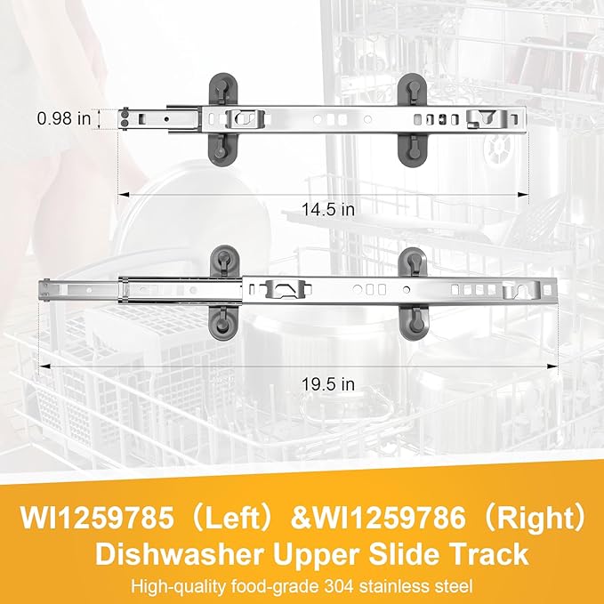W11259785 W11259786 Dishwasher Rack Slide Track Replacement, Left & Right Dishwasher Upper Dishrack Slide Track Compatible with Whirlpool, KitchenAid, Kenmore, Maytag Dishwashers