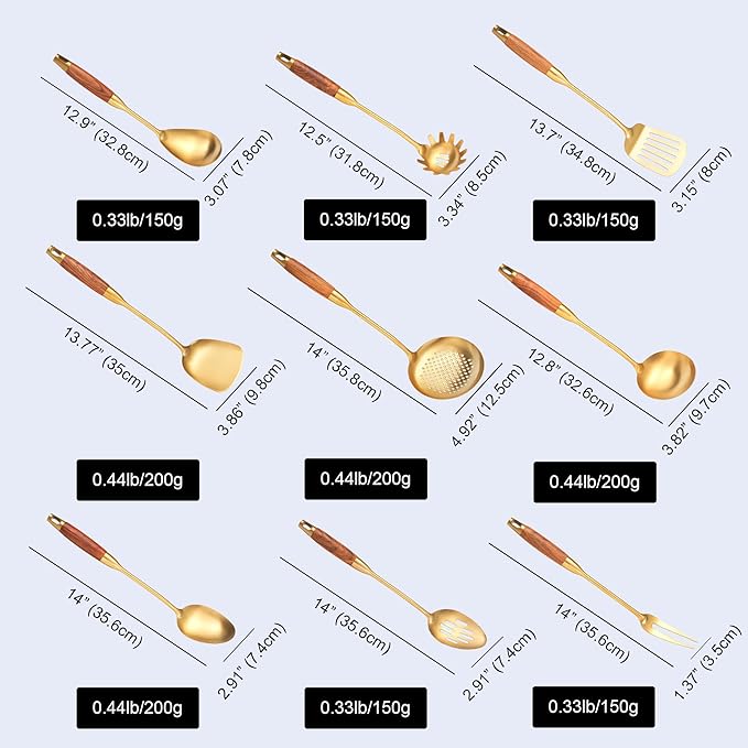 Gold Kitchen Utensils Set, 9 PCS Stainless Steel Cooking Utensils with Wood Handle, Solid and Slotted Spoon, Fork, Spatula, Ladle, Skimmer, Slotted Tunner, Spaghetti and Large Spoon