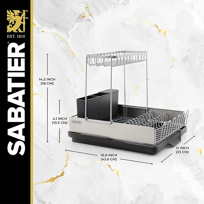Sabatier Dish Drying Rack with Second Tier, Rust Resistant Wires and Angled Drain Board, Utensil Caddy Compact Dish Drying Rack