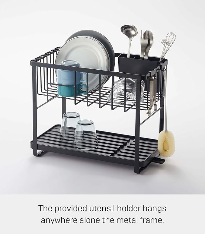 YAMAZAKI Home Tower Two-Tier Adjustable Dish Drainer Rack, Compact Drying Rack with Hooks, Utensils Holder - Steel -