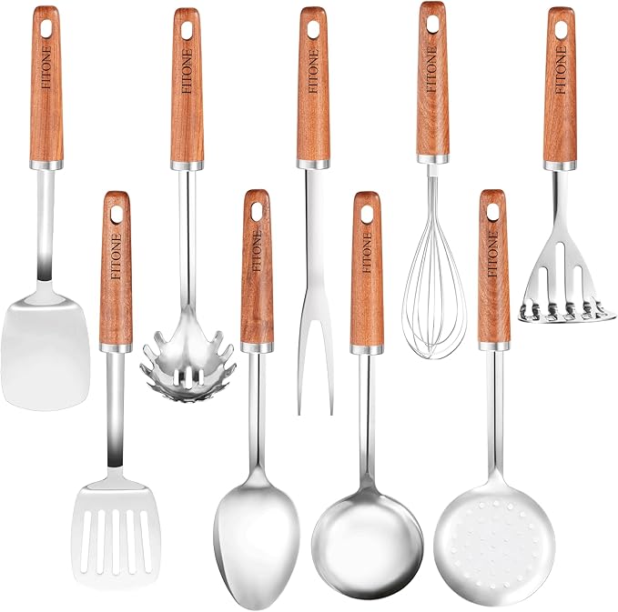 9PCS Cooking Utensils Set, 18/10 Stainless Steel Kitchen Utensils with Wooden Hanlde, Metal Cooking Utensils Set, Spatula, Ladle, Skimmer, Spaghetti Spoon, Potato Masher, Easy To Clean