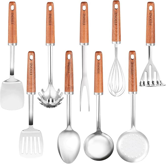 9PCS Cooking Utensils Set, 18/10 Stainless Steel Kitchen Utensils with Wooden Hanlde, Metal Cooking Utensils Set, Spatula, Ladle, Skimmer, Spaghetti Spoon, Potato Masher, Easy To Clean