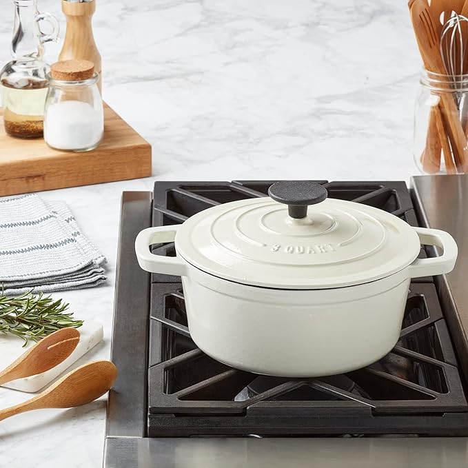 Smith & Clark 3-Quart Enameled Cast Iron Dutch Oven Pot with Lid, Ivory White