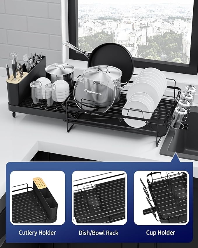 Large Dish Drying Rack-Extendable DishRack, Multifunctional Dish Rack for KitchenCounter, Anti-Rust Dish Drainers with Cutlery &Cup Holders 19.2"-26.7" Lx12.9 W