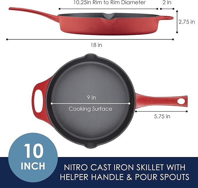 Rachael Ray NITRO Cast Iron Frying Pan/Skillet with Helper Handle and Pour Spouts, 10 Inch, Red