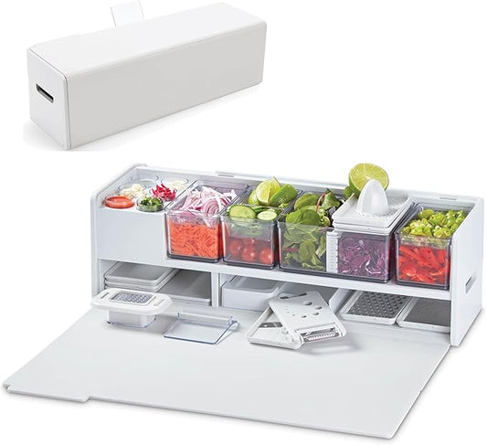 Prepdeck Gen 2 Recipe Prep & Storage Station - 8 Essential Tools + Deluxe Cutting Board, 14 Plastic Containers + Super-Seal Lids, Removable Trash Compartments, Tablet Stand Included - White Stone