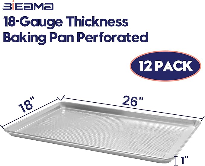 12 Pack Full Size 26" x 18" Aluminum Baking Sheet Pan Perforated, Commercial Bakery Equipment Cookie Sheets, NSF Approved Baking Tray