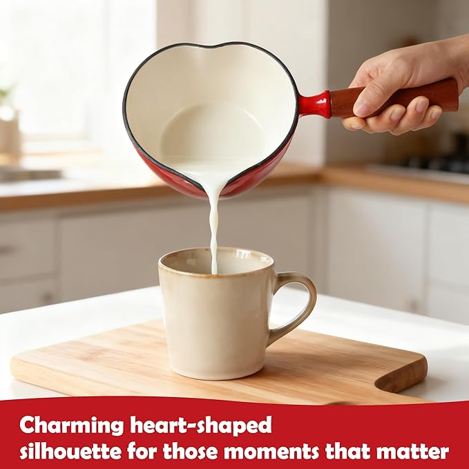 Mabeeze Heart-Shaped Enameled Cast Iron Saucepan with Lid – 1-Quart Red Small Sauce Pot for All Cooktops – Durable, Nonstick Cookware for Milk, Soup, Pasta Sauce – Ideal Gift
