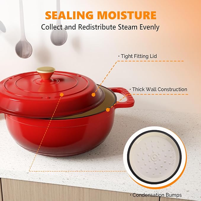 ROVSUN Enameled Cast Iron Round Dutch Oven, 7.5QT Pot with Lid &Dual Handles with Silicone Gloves,Oven Safe up to 500°F, Heavy-Duty Pre-Seasoned Cookware for Bread Baking, Braising, Stews, Roasting,Red