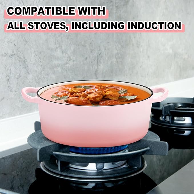 E-far 5QT Oval Dutch Oven Pot with Lid, Enameled Cast Iron Dutch Oven with Dual Handles, Heavy-Duty Cookware for Sourdough Bread Baking, Braising, Stews, Oven Safe & Easy Clean, Pink
