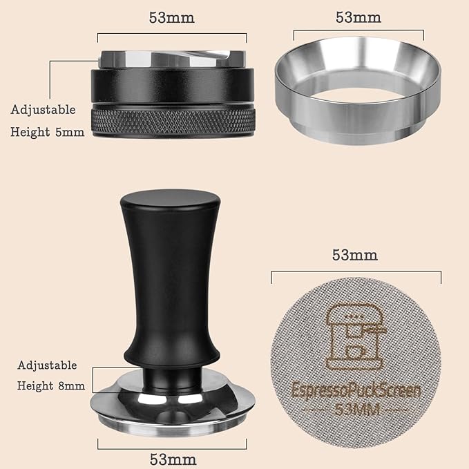 53mm Espresso Tamper Kit - Spring-loaded Coffee Tamper, Adjustable Depth Espresso Distributor Leveler, Magnetic Dosing Funnel Aluminum Metal, Reusable Puck Screen, Fit Breville 54mm Portafilters