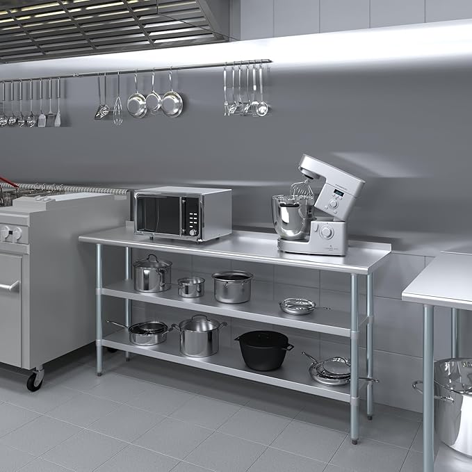 AmGood Stainless Steel Work Table with 1.5" Backsplash and 2 Shelves | Metal Kitchen Food Prep Table | NSF (72" Long x 18" Deep)