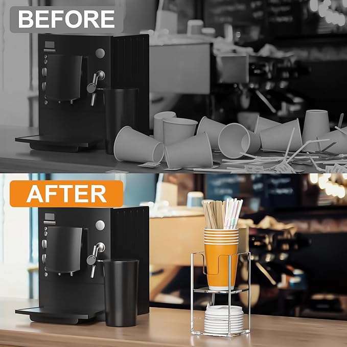Beego 2-Compartment Cup Holder for Countertop - 2-Tier Clear Acrylic Cup Dispenser Coffee Station Paper Cup and Lid Organizer Condiment Storage for Restaurant Breakroom Kitchen Bar Accessories