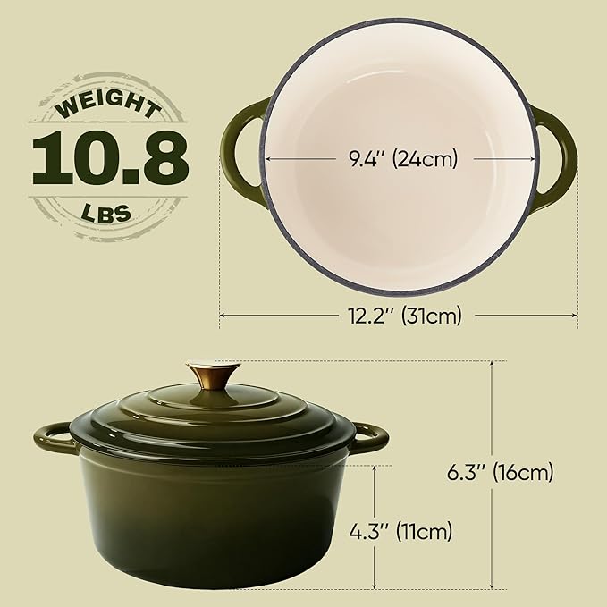 Vintage Style 4.5 Quart Dutch Oven Pot with Lid, Non Stick Enameled Cast Iron Dutch Oven for Bread Baking, Heavy-Duty, Oven Safe Ceramic Cookware Up to 500°F for Baking, Braising, Stews, Roasting, Golden Green