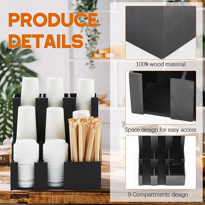 Wooden Vertical Coffee cup and lid dispenser, coffee condiment organizer, 9 Compartment for Disposable Paper & Plastic Cup, for cabinet Station Home Countertop Bar 13''l x 13''w x 12''h