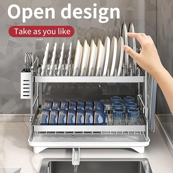 Dish Drying Rack, Double Layered countertop Kitchen Organizer with Drainage Large Bowl Rack and Storage Rack with Drainage Board