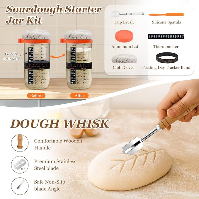 Sourdough Bread Baking Supplies, Sourdough Starter Kit, 2 9 Inch Round Banneton Bread Proofing Basket with 24 Oz Glass Jar, Sour Dough Tools with Danish Dough Whisk & Scraper