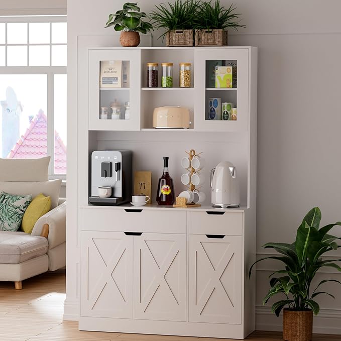 71" Tall Kitchen Pantry Storage Cabinet Large Farmhouse Hutch Cabinet with Microwave Stand, Charging Station, Adjustable Shelves, Countertop for Dining Room, Living Room, White