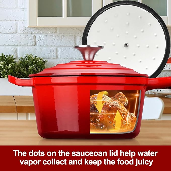 HaSteeL 2 QT Cast Iron Saucepan, Mini Enamel Dutch Oven with Lid, Small Non Stick Pan for Milk, Pasta Tomato Sauce, Butter, Breakfast, Soup, Suitable for Boiling Stewing Frying, Easy to Clean, Red