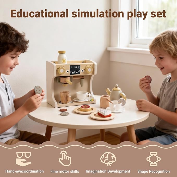 Freniland Wooden Coffee Maker Playset for Toddlers, Deluxe Pretend Espresso Machine with Accessories, Montessori Kitchen Toy for Kids Ages 3Y+
