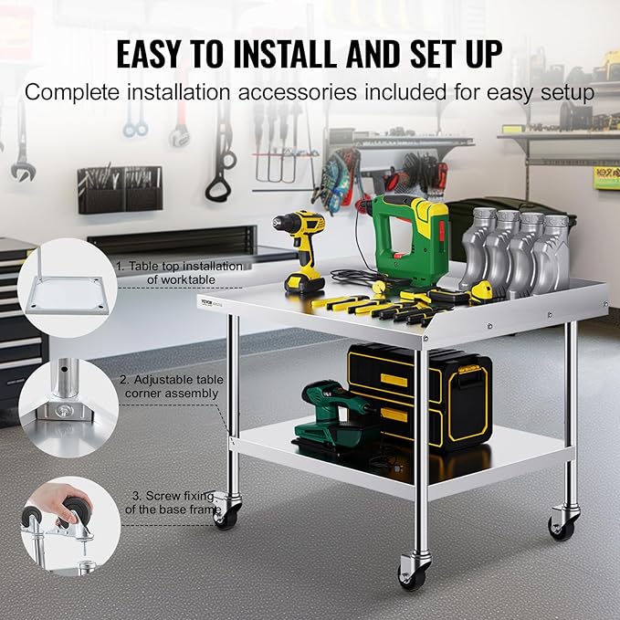 VEVOR Stainless Steel Work Table, 30 x 36 x 30 Inch Commercial Food Prep Worktable with 4 Wheels, Casters, 3-Sided Backsplash Heavy Duty Prep Worktable, Metal Work Table for Restaurant Home Hotel