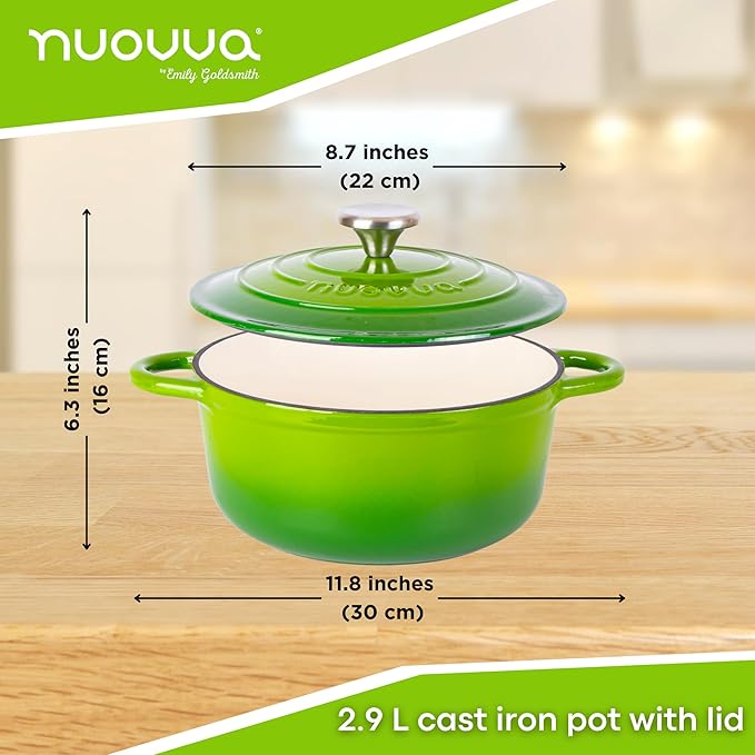 Cast Iron Dutch Oven with Lid – Non-Stick Ovenproof Enamelled Casserole Pot – Sturdy Dutch Oven Cookware – Green, 3.1-Quart, 22cm – by Nuovva