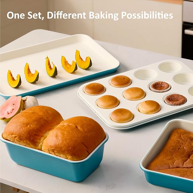 CAROTE 7-Piece Nonstick Ceramic Baking Pans Set - Bakeware Sets Including Cookie Sheets for Baking, Muffin Pan, Bread Pan, Cake pan, Loaf Pan, Roasting Pan, and Cooling Rack, LIght Blue & White