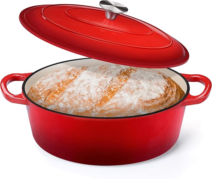 P&P CHEF Oval Dutch Oven with Lid, Enameled Cast Dutch Oven Pot for Bread Baking, Braising, Stewing, Roasting, Non-Stick & Oven Safe, Dual Handles & Easy Clean, 5QT & Red, Valentine's Day