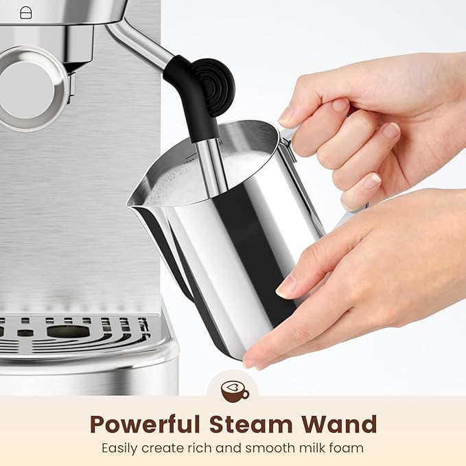 Espresso Machine 20 Bar, Compact Espresso Maker, Stainless Steel Expresso Coffee Machines with Steam Milk Frother & 34oz Removable Water Tank for Cappuccino, Latte, Home Office Use, Silver