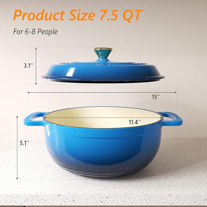ROVSUN Enameled Cast Iron Round Dutch Oven, 7.5QT Pot with Lid &Dual Handles with Silicone Gloves,Oven Safe up to 500°F, Heavy-Duty Pre-Seasoned Cookware for Bread Baking, Braising, Stews, Roasting,Blue