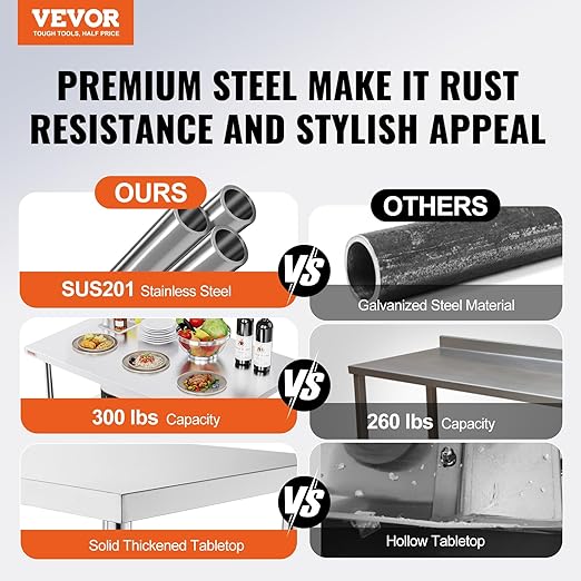 VEVOR Stainless Steel Foldable Work Table, 30 * 48 Inch Heavy Duty Food Outdoor Double Layer Stainless Steel Worktable for Commercial Kitchen Restaurant