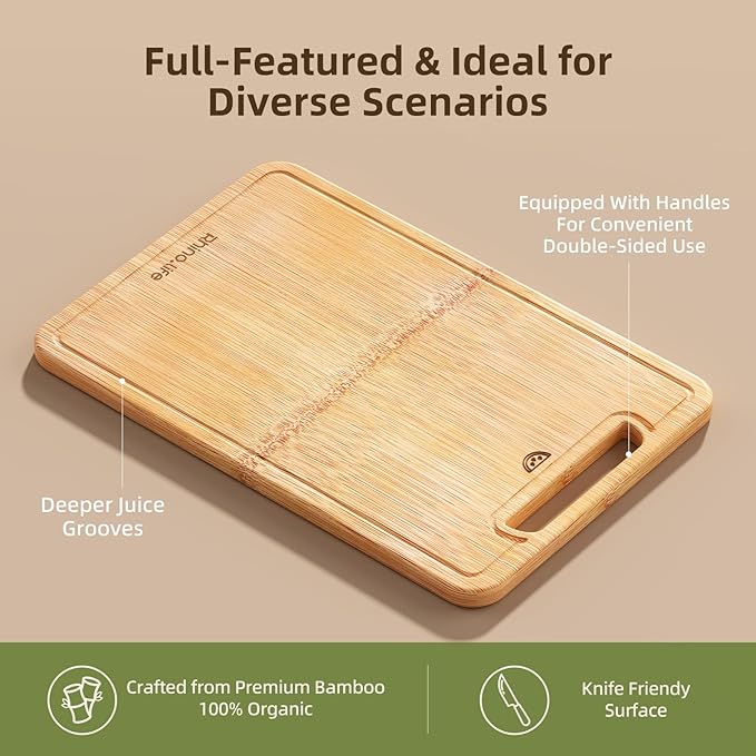 Dishwasher Safe&Lightweight&Durable,Healthy and No Glue&Non Toxic Large Bamboo Cutting Board with hands for Kitchen,Plastic Free & Juice Groove, Non-solid wood Cutting Board for Meat(16 * 11inch)