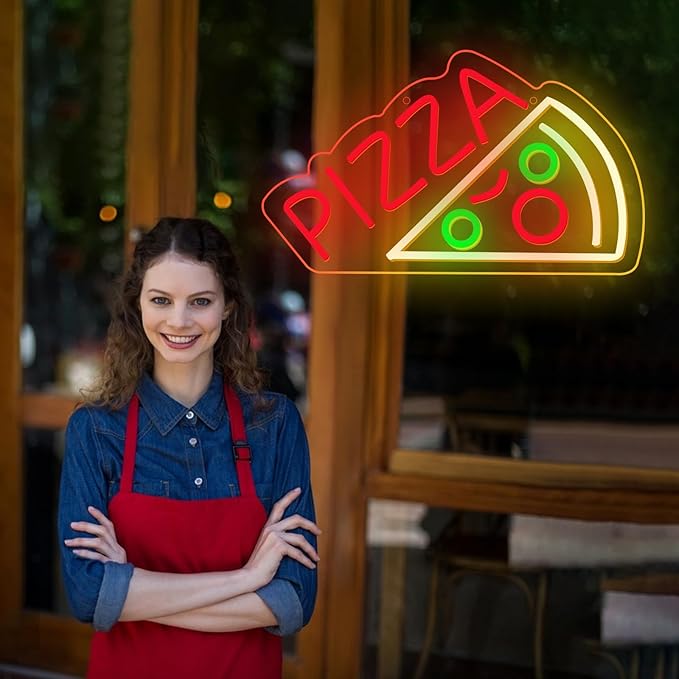Pizza Neon Sign for Wall Decor Pizza Shaped Neon Sign for Pizzeria Food Powered Dimmable Letter Led Light Up Signs for Business Shop Restaurant Kitchen Store Party Food Decor