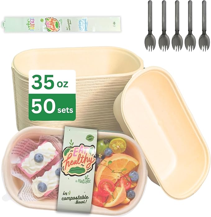 35 OZ Single-Compartment Paper Meal Prep Containers with Lids – Fiber Molded Paper Bowls Microwave/Freezer Safe, Perfect for Snacks, Desserts, Salads, Lunch, BPA-Free Sugarcane Fiber Bowls