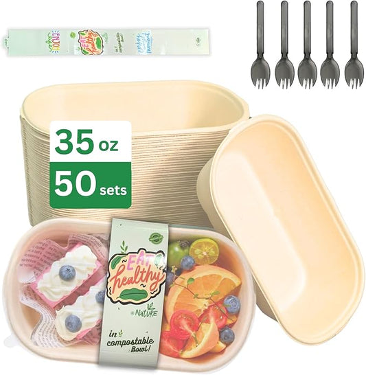 35 OZ Single-Compartment Paper Meal Prep Containers with Lids – Fiber Molded Paper Bowls Microwave/Freezer Safe, Perfect for Snacks, Desserts, Salads, Lunch, BPA-Free Sugarcane Fiber Bowls