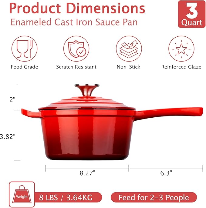 TeamFar 3QT Enameled Cast Iron Sauce Pan, Small Sauce Pot with Lid, Mini Dutch Oven Saucepan for Cooking/Simmering/Baking/Boiling, Sturdy & Nonstick, Oven Safe & Fit for Induction-Red