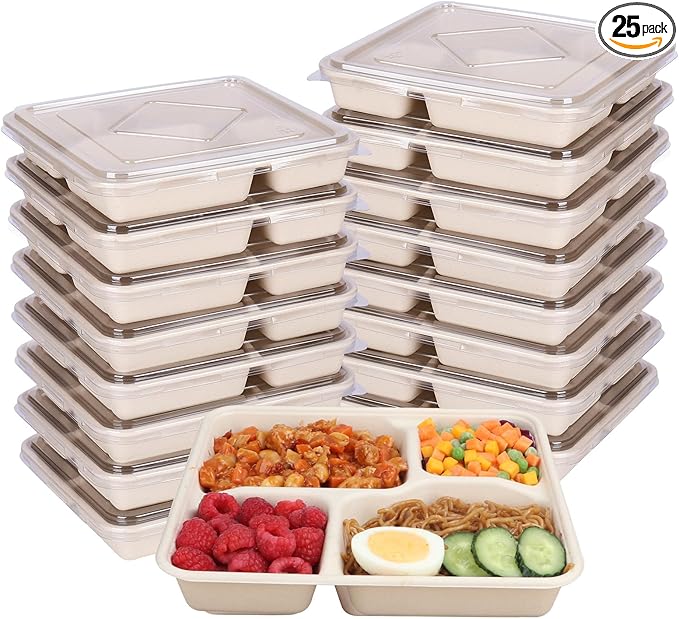 37 OZ Sugarcane Fiber 4 Compartments disposable plates with Lids Bagasse Plant Fibers Freezer Safe 25 PACK